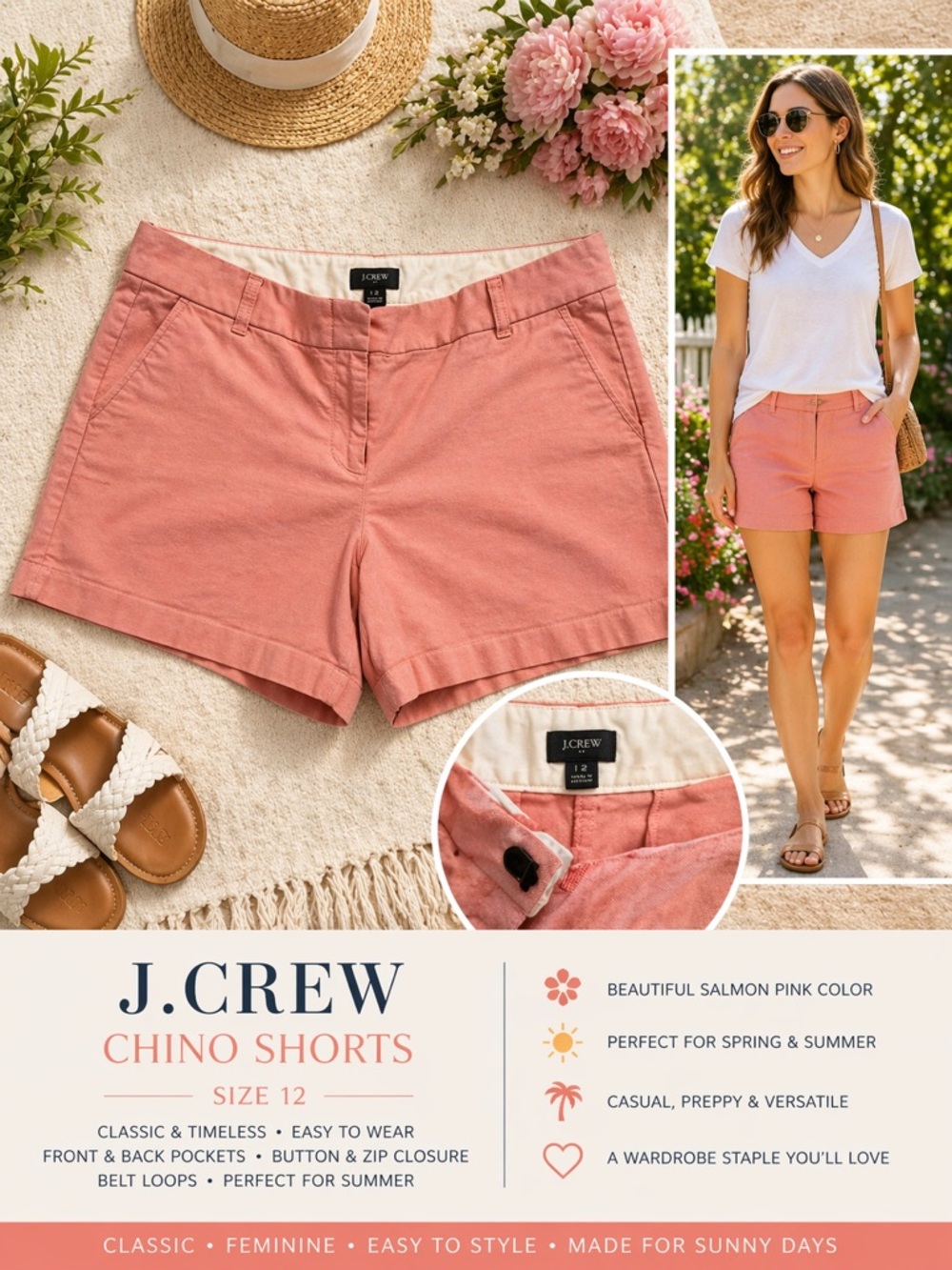 J.Crew Salmon Pink Chino Shorts Classic Casual Summer Size 12